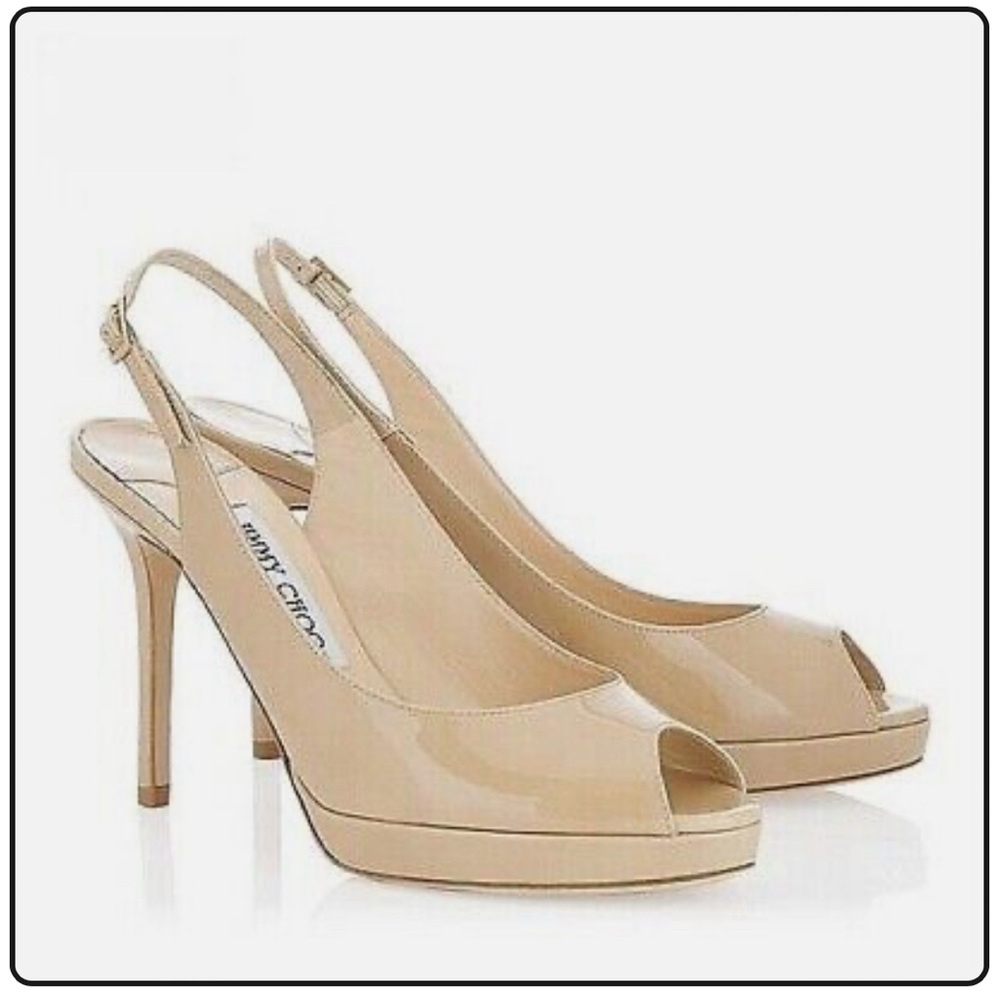 New Jimmy Choo Nude Nova Patent Leather Slingback Platform Heels Size 37 Eu 7 Us